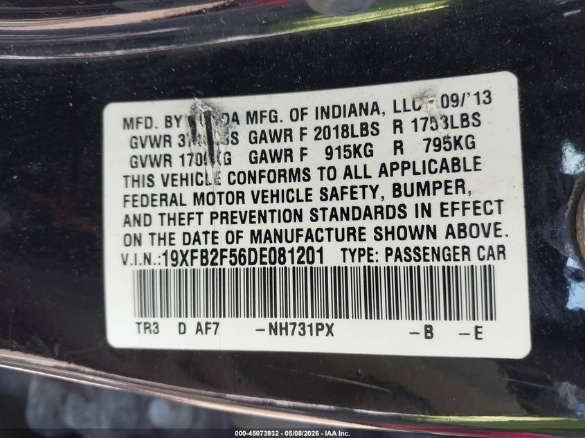 2013 HONDA CIVIC SEDAN 1.8L I-4 VVT, 140HP