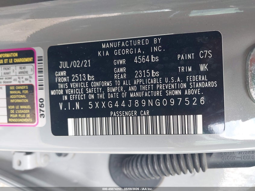 VIN 5XXG44J89NG097526 2022 KIA K5 GT