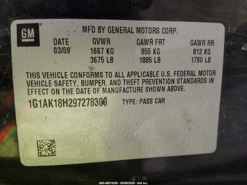 2009 Chevrolet Cobalt Ls VIN: 1G1AK18H297278300 Lot: 45074259