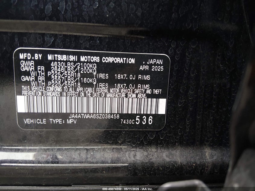 2025 Mitsubishi Eclipse Cross Black Edition S-Awc/Se S-Awc/Sel S-Awc VIN: JA4ATWAA6SZ038458 Lot: 45074350