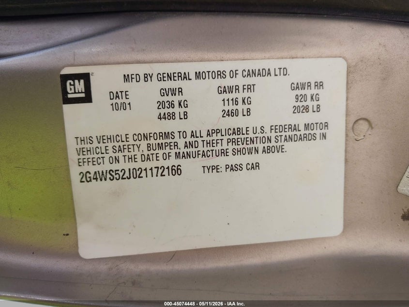 2002 Buick Century Custom VIN: 2G4WS52J021172166 Lot: 45074448