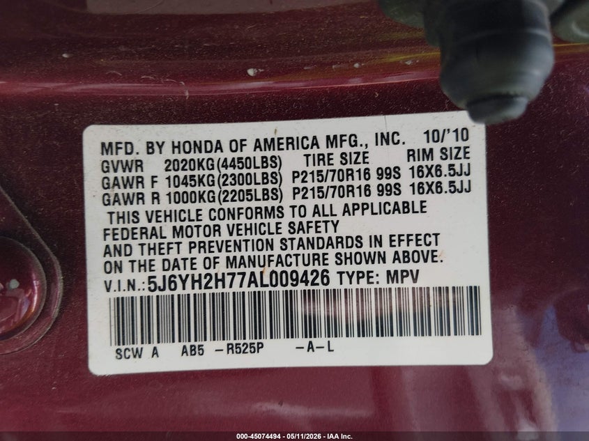 2010 Honda Element Ex VIN: 5J6YH2H77AL009426 Lot: 45074494