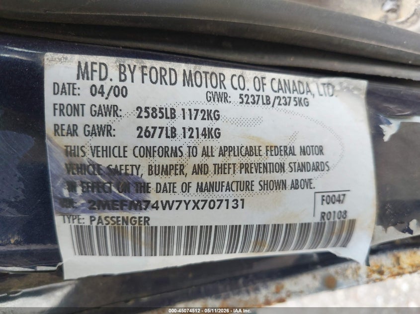 2000 Mercury Grand Marquis Gs VIN: 2MEFM74W7YX707131 Lot: 45074512