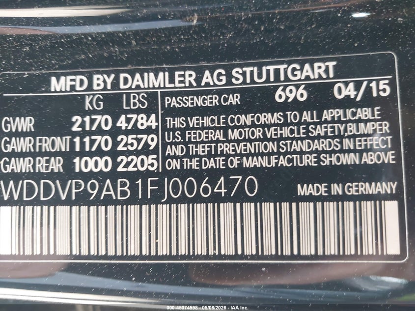 2015 Mercedes-Benz B-Class Electric Drive VIN: WDDVP9AB1FJ006470 Lot: 45074598