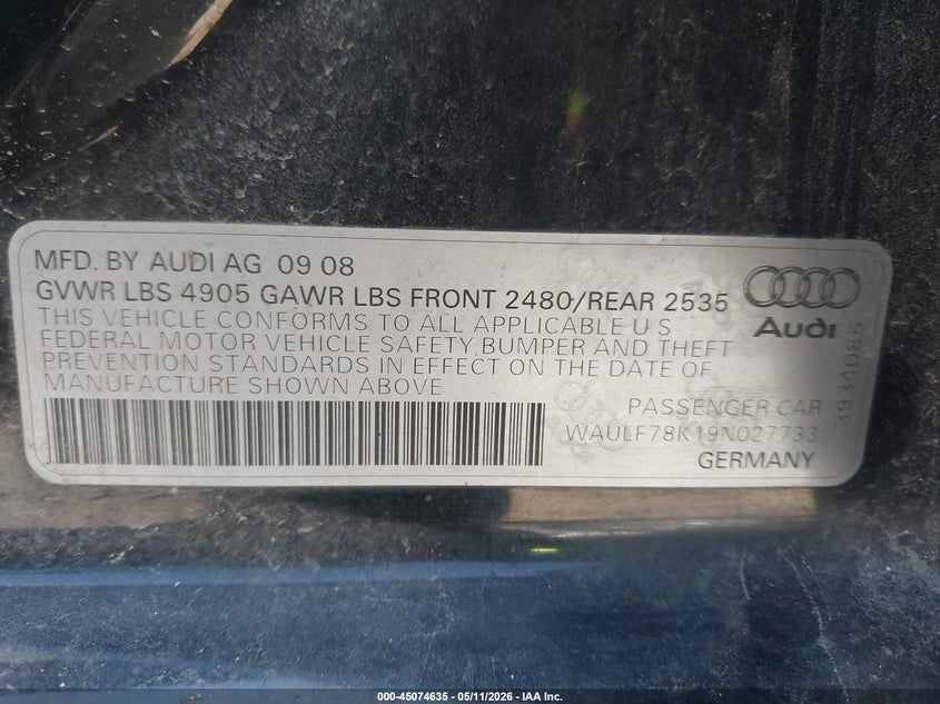 AUDI A4 2009 VIN WAULF78K19N027733