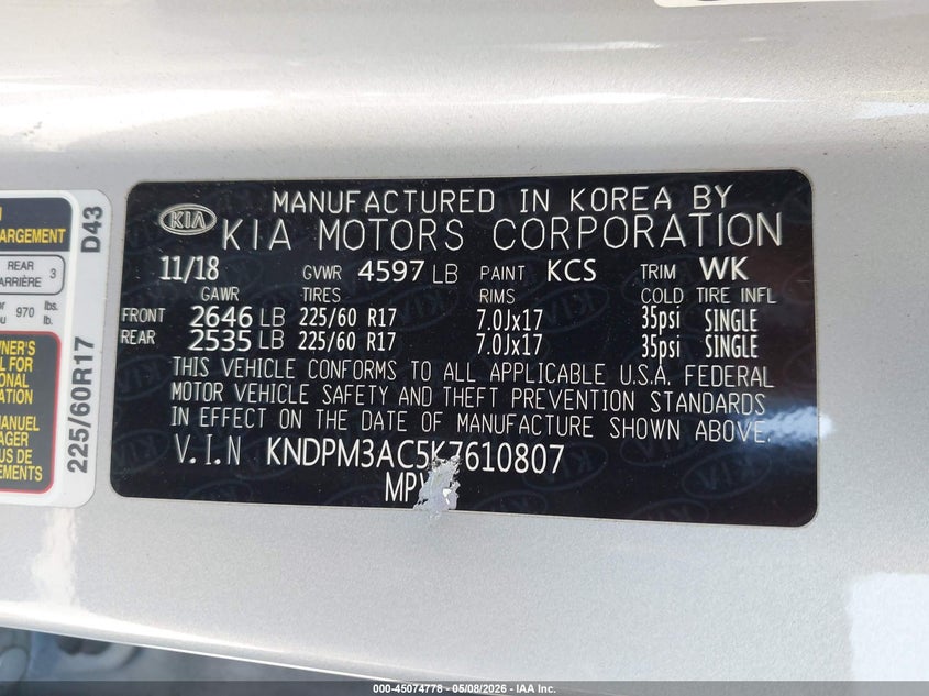 VIN KNDPM3AC5K7610807 2019 KIA SPORTAGE LX