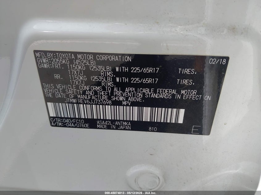 VIN JTMWFREV6JJ737698 2018 TOYOTA RAV4 XLE