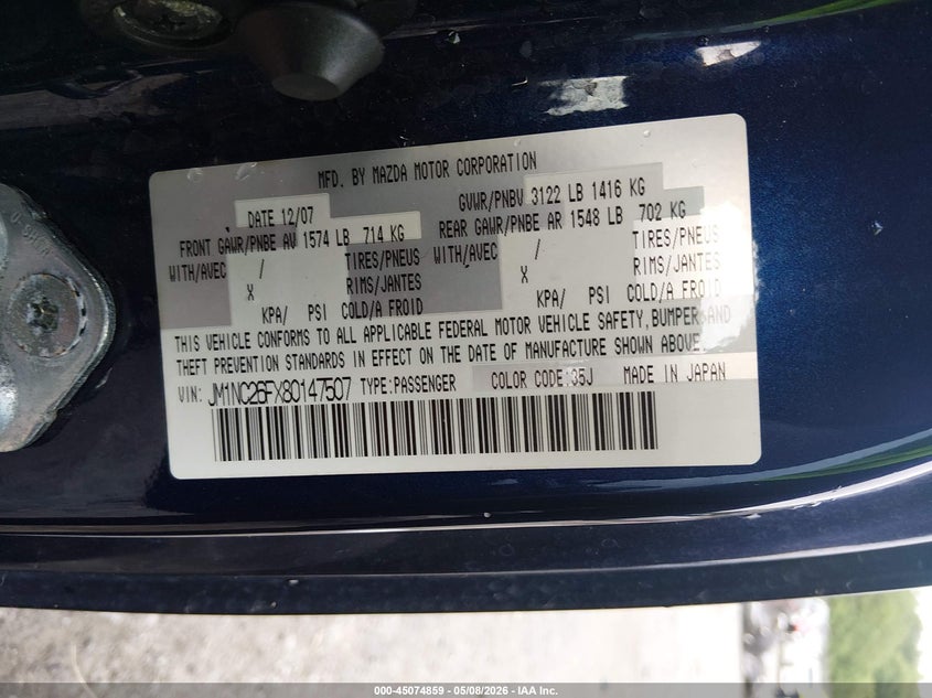 2008 Mazda Mx-5 Grand Touring VIN: JM1NC26FX80147507 Lot: 45074859