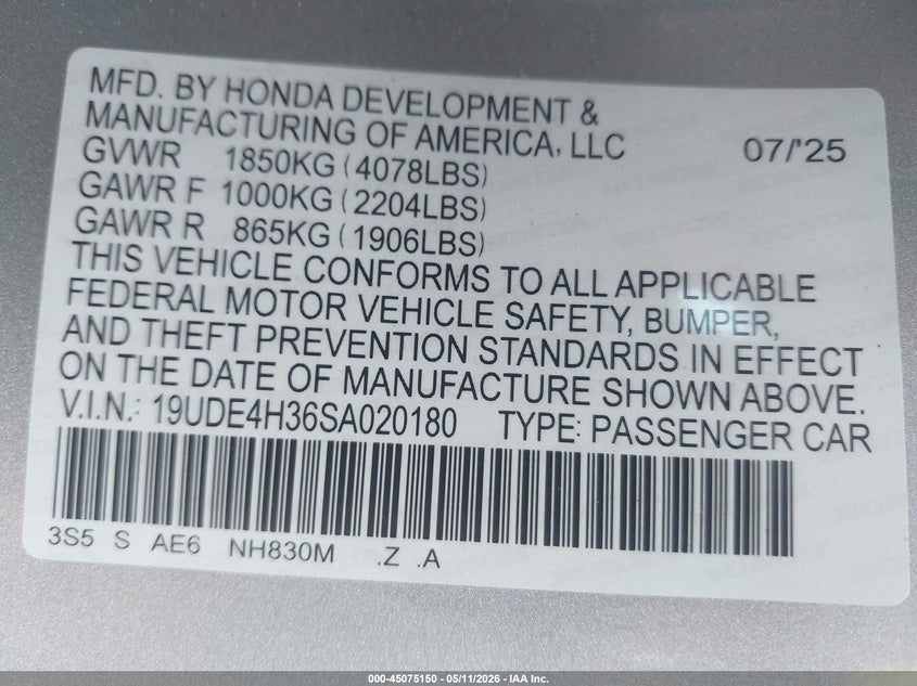 2025 Acura Integra A-Spec VIN: 19UDE4H36SA020180 Lot: 45075150