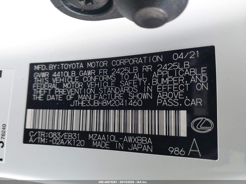 2021 Lexus Ux 200 F Sport VIN: JTHE3JBH8M2041460 Lot: 45075261