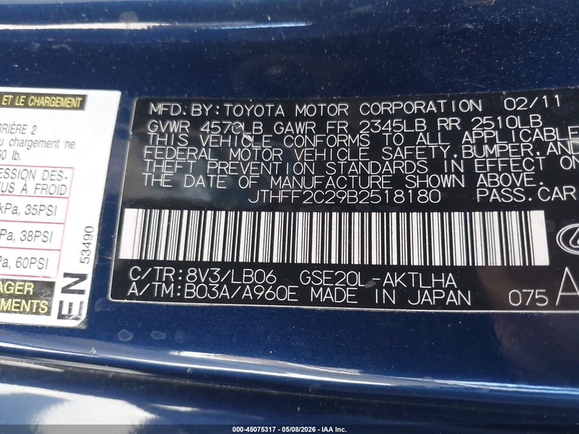 2011 Lexus Is 250C VIN: JTHFF2C29B2518180 Lot: 45075317