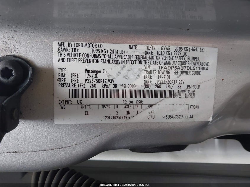 2013 Ford C-Max Hybrid Se VIN: 1FADP5AU7DL511694 Lot: 45075351