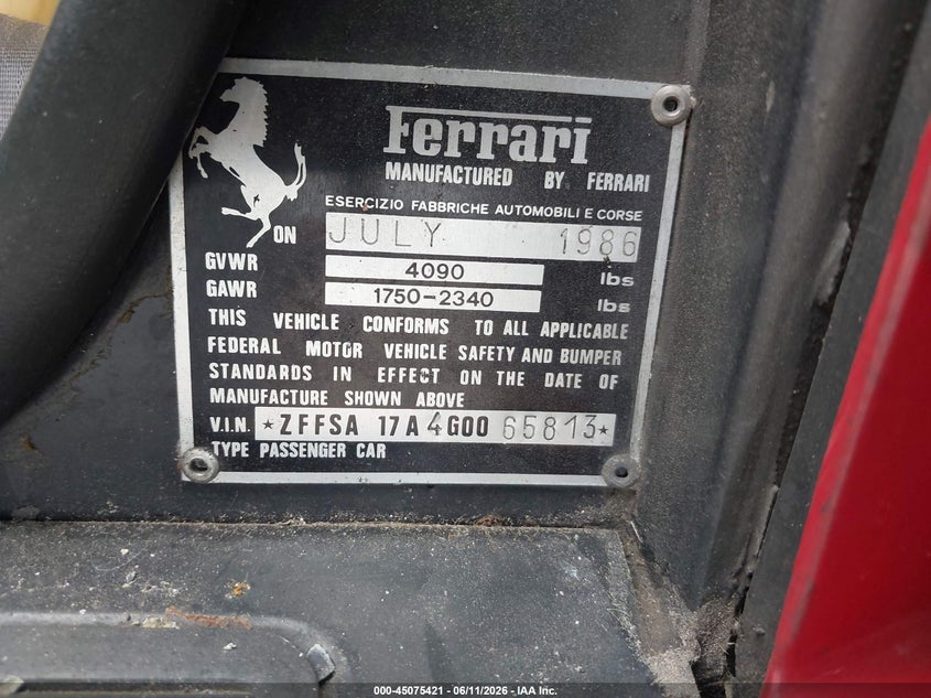 1986 Ferrari Testarossa VIN: ZFFSA17A4G0065813 Lot: 45075421