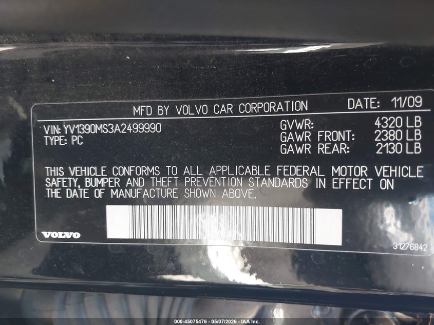 2010 Volvo S40 2.4I VIN: YV1390MS3A2499990 Lot: 45075476