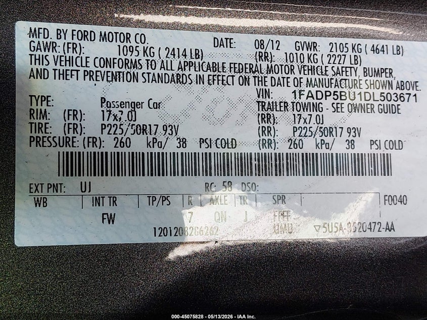 2013 Ford C-Max Hybrid Sel VIN: 1FADP5BU1DL503671 Lot: 45075828