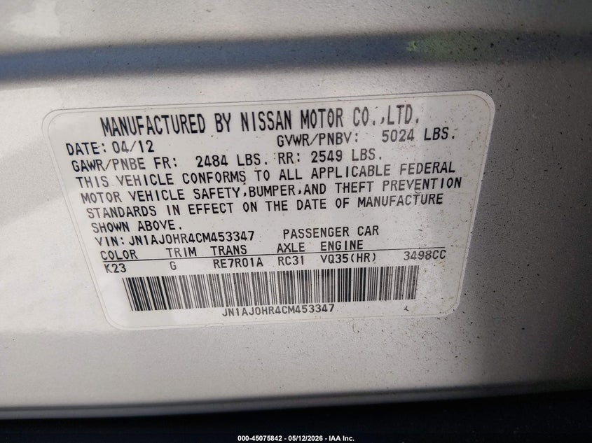 2012 Infiniti Ex35 Journey VIN: JN1AJ0HR4CM453347 Lot: 45075842