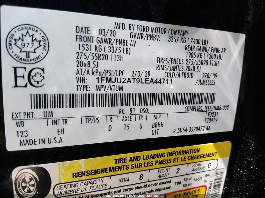 2020 Ford Expedition Limited VIN: 1FMJU2AT9LEA44711 Lot: 45075983