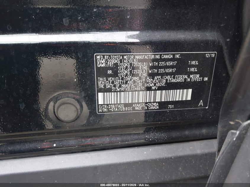 VIN 2T3W1RFV2LC046610 2020 TOYOTA RAV4 XLE