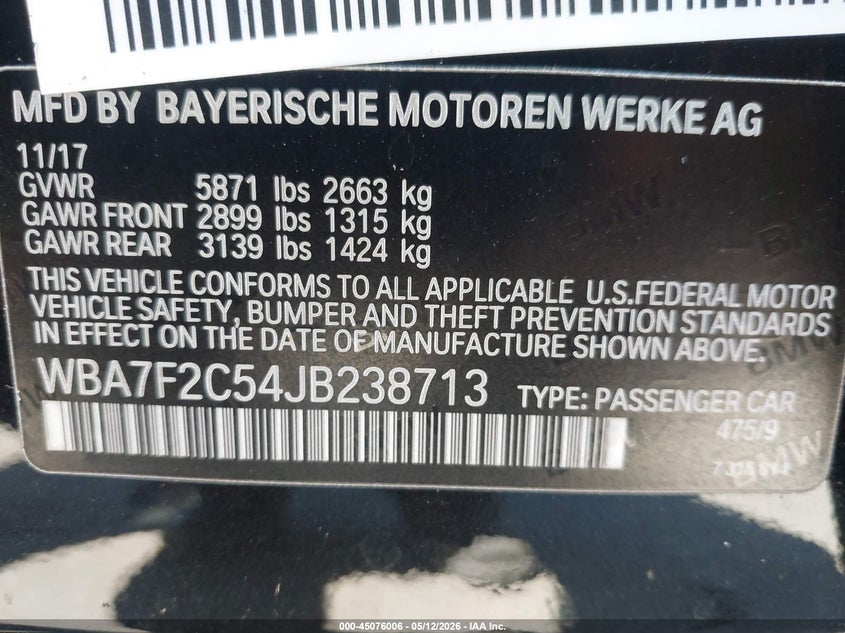2018 BMW Alpina B7 xDrive VIN: WBA7F2C54JB238713 Lot: 45076006