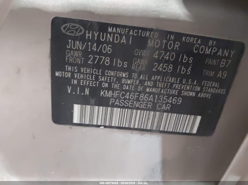 2006 Hyundai Azera Limited/Se VIN: KMHFC46F86A135469 Lot: 45076089