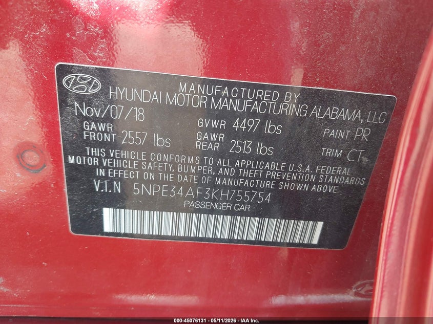 VIN 5NPE34AF3KH755754 2019 HYUNDAI SONATA SPORT