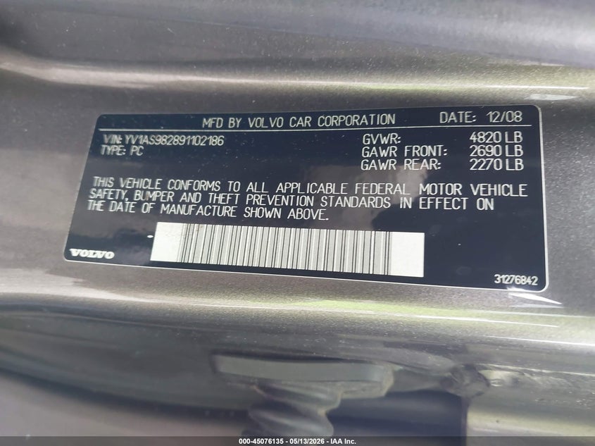 2009 Volvo S80 3.2 VIN: YV1AS982891102186 Lot: 45076135