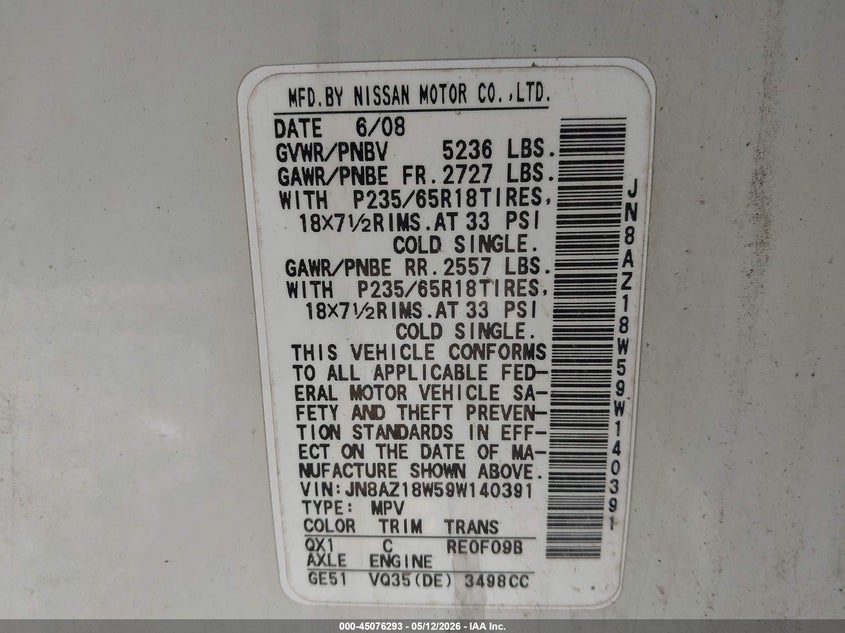 2009 Nissan Murano Sl VIN: JN8AZ18W59W140391 Lot: 45076293
