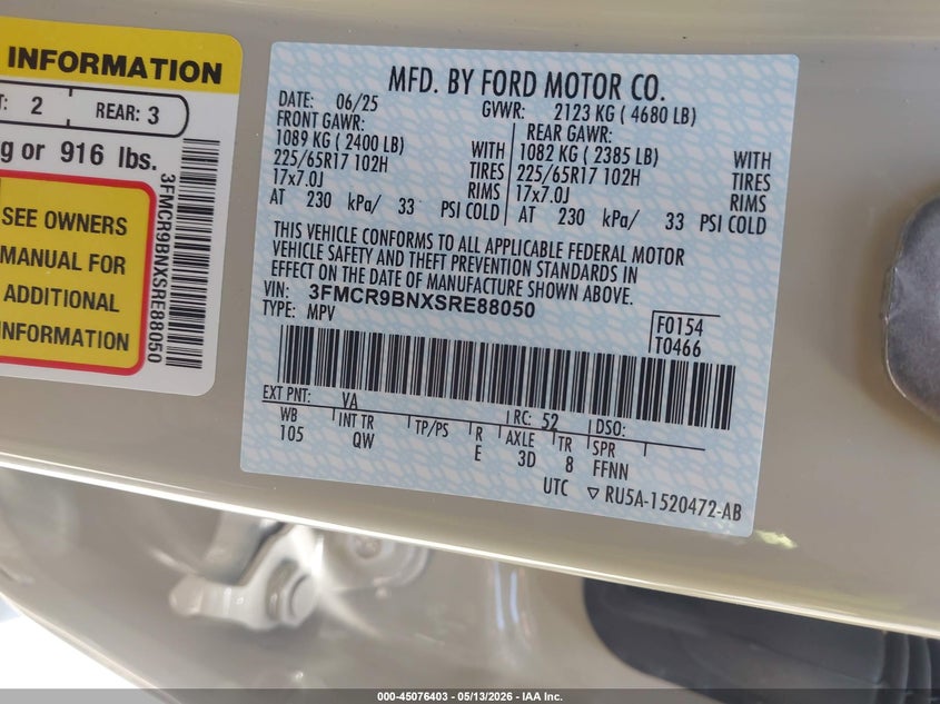 2025 Ford Bronco Sport Big Bend VIN: 3FMCR9BNXSRE88050 Lot: 45076403