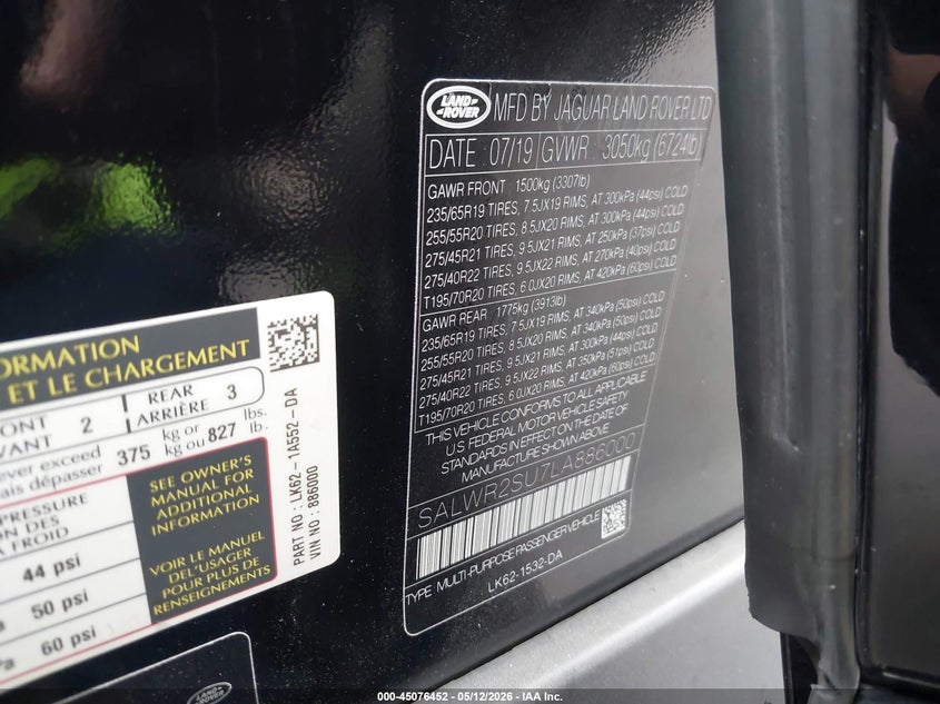 2020 Land Rover Range Rover Sport Hse Mhev VIN: SALWR2SU7LA886000 Lot: 45076452