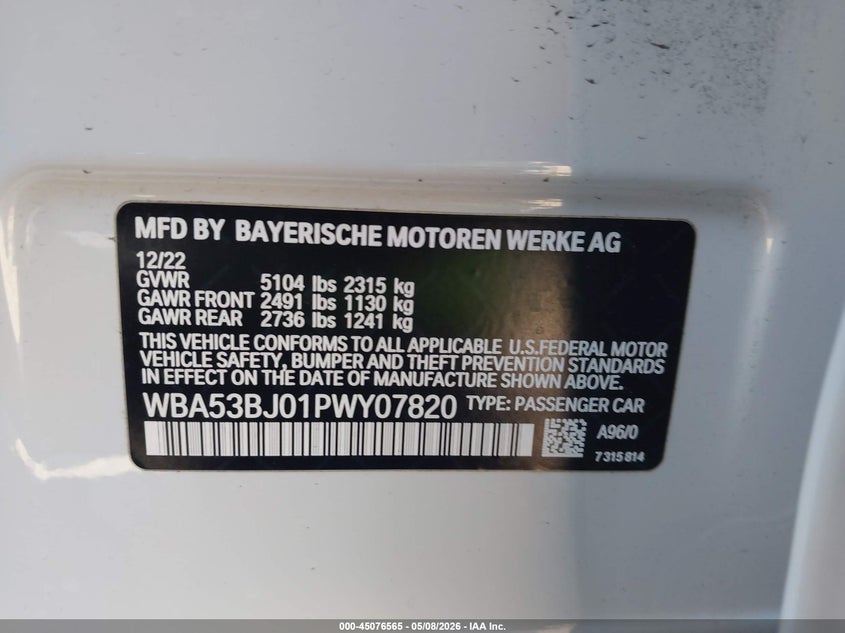VIN WBA53BJ01PWY07820 2023 BMW 540 I