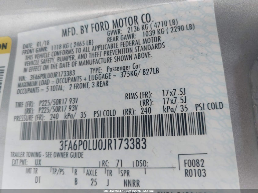 2018 FORD FUSION SEDAN 2.0L I-4 DOHC, VVT, 141HP