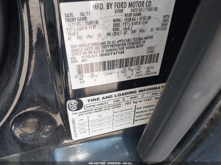 2011 Ford Expedition 5.4 Xlt black Lot 111045077000 Vin 1FMJU1J50BEF47148