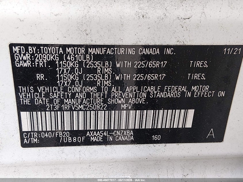 2021 TOYOTA RAV 4 SPORT UTILITY VEHICLE 2.5L I-4 DI, DOHC, VVT, 203HP