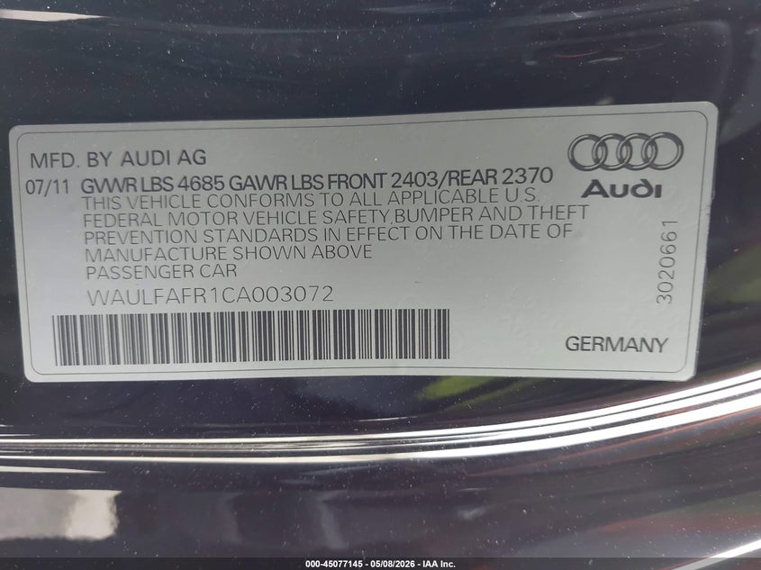 2012 Audi A5 2.0T Premium VIN: WAULFAFR1CA003072 Lot: 45077145