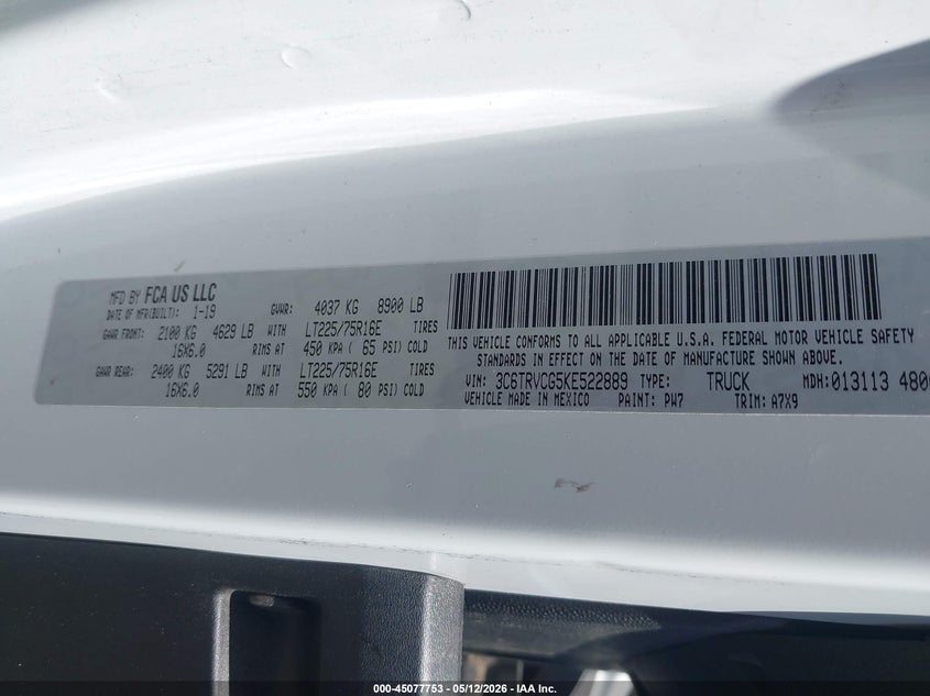 VIN 3C6TRVCG5KE522889 2019 RAM PROMASTER 2500 HIGH ROOF 136 WB