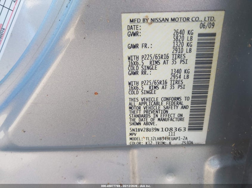 2009 Nissan Quest 3.5 S VIN: 5N1BV28U39N108363 Lot: 45077769