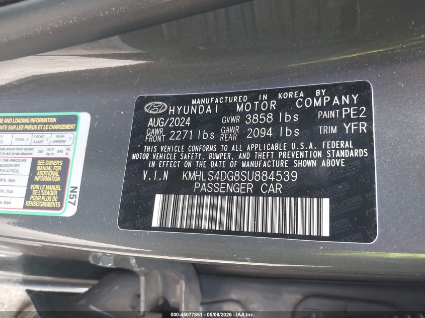 2025 HYUNDAI ELANTRA(VIN: KMHLS4DG8SU884539