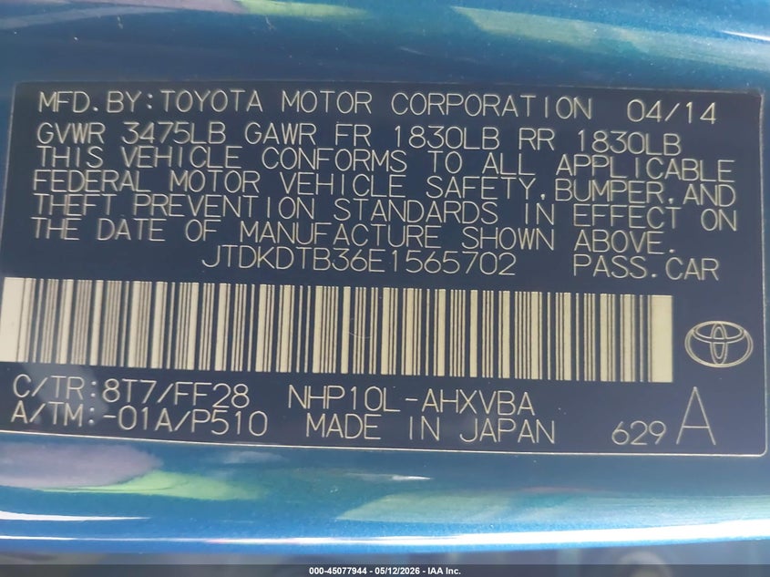 2014 Toyota Prius C Two VIN: JTDKDTB36E1565702 Lot: 45077944