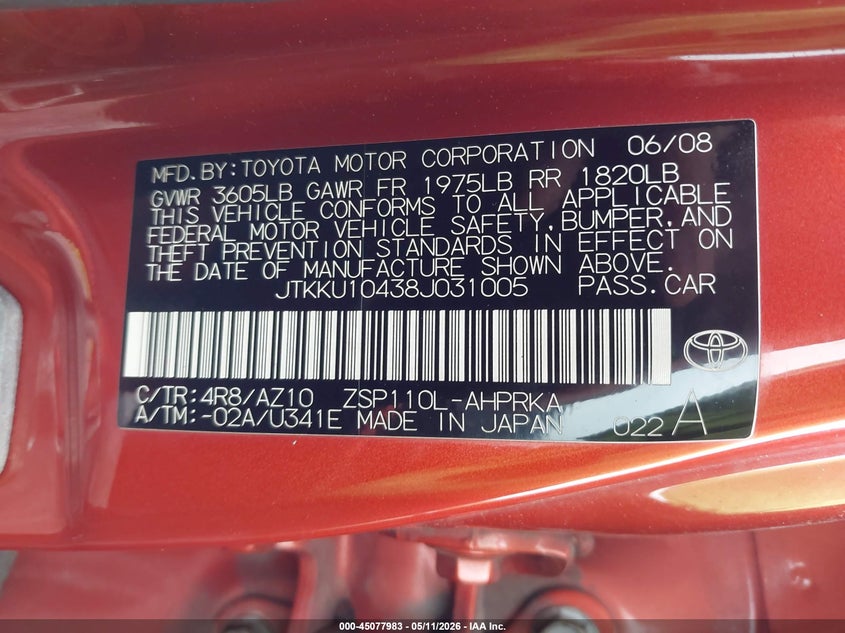 2008 Scion Xd VIN: JTKKU10438J031005 Lot: 45077983