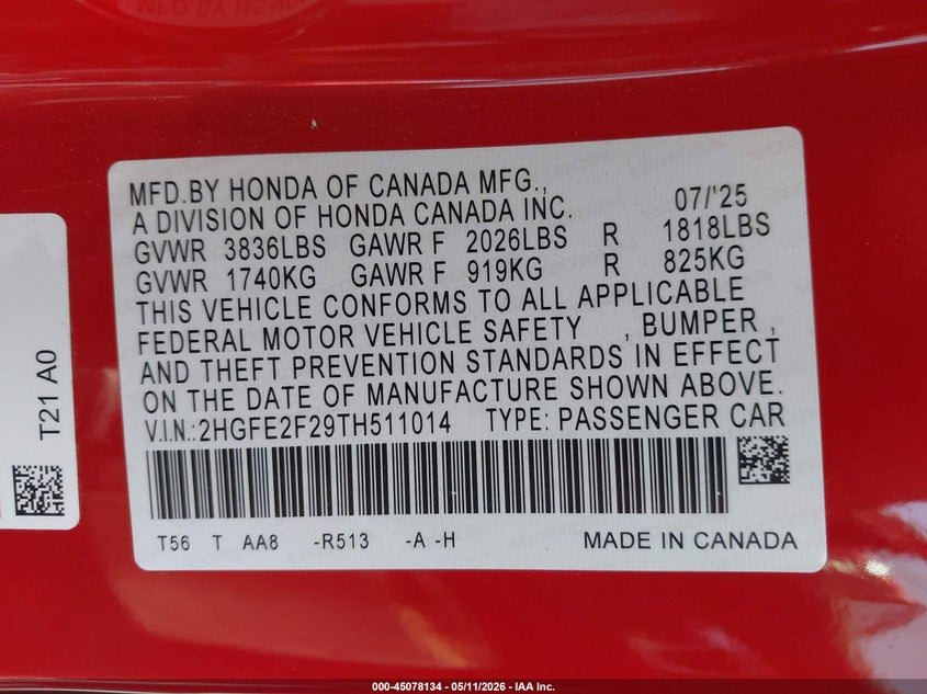 VIN 2HGFE2F29TH511014 2026 HONDA CIVIC LX