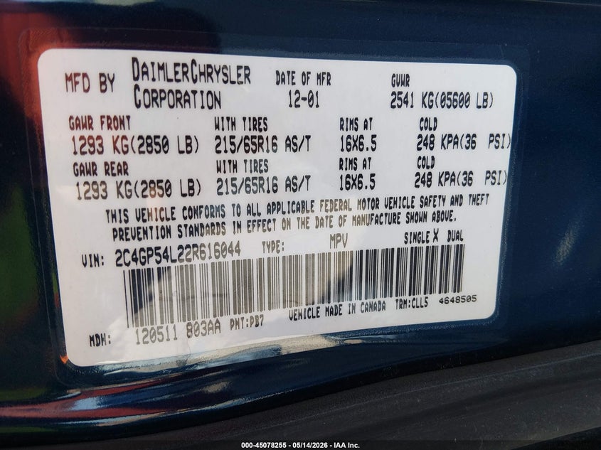 2002 Chrysler Town & Country Lxi VIN: 2C4GP54L22R616044 Lot: 45078255