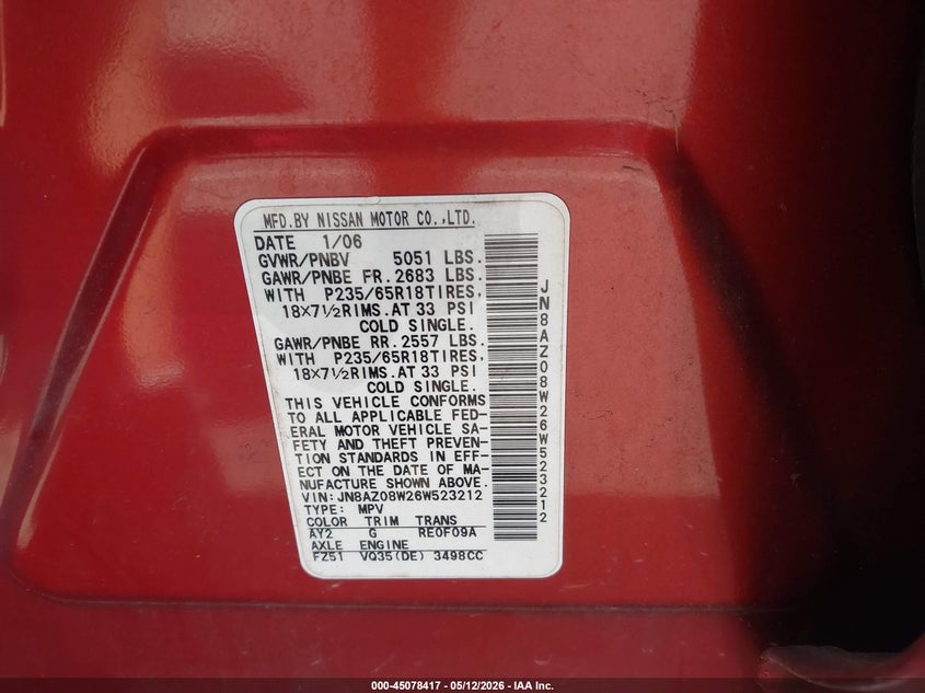 2006 Nissan Murano Sl VIN: JN8AZ08W26W523212 Lot: 45078417