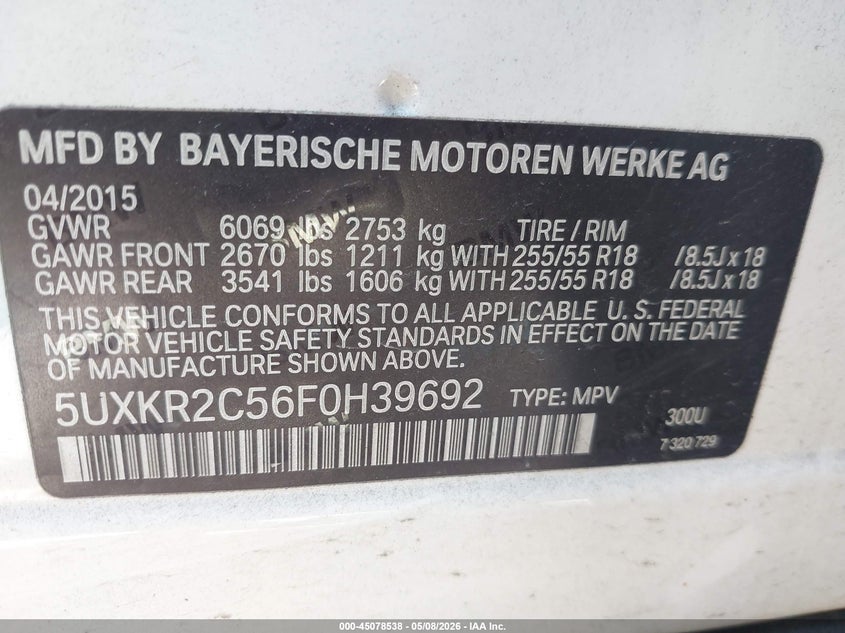 2015 BMW X5 SPORT UTILITY VEHICLE 3.0L I-6 DI, DOHC, VVT, TURBO, 300HP