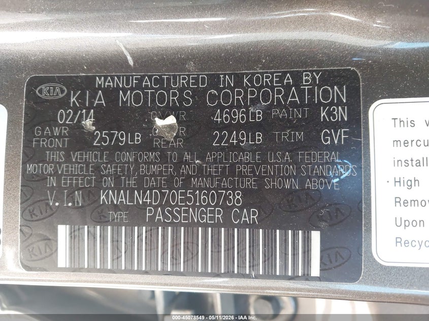 2014 Kia Cadenza Premium VIN: KNALN4D70E5160738 Lot: 45078549
