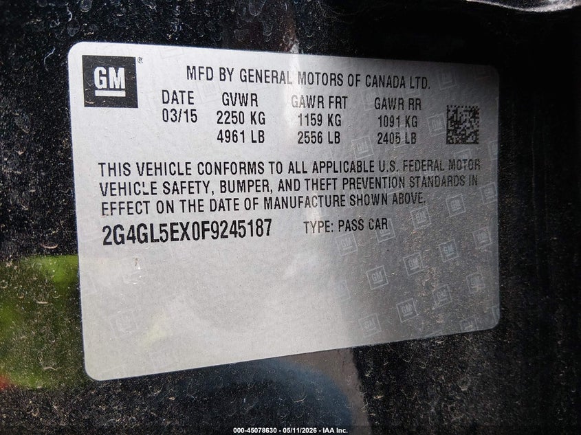 2015 Buick Regal Turbo VIN: 2G4GL5EX0F9245187 Lot: 45078630