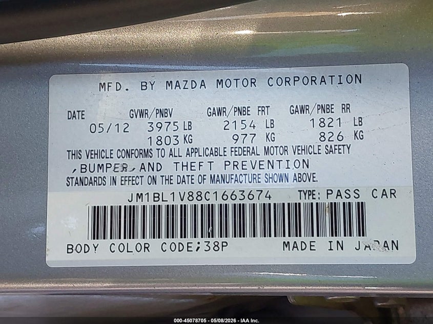 2012 Mazda 2.0 Azda3 I Touring Silver Lot 111045078705 Vin JM1BL1V88C1663674
