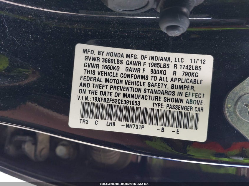 19XFB2F52CE391053 2012 Honda Civic 1.8 Lx black