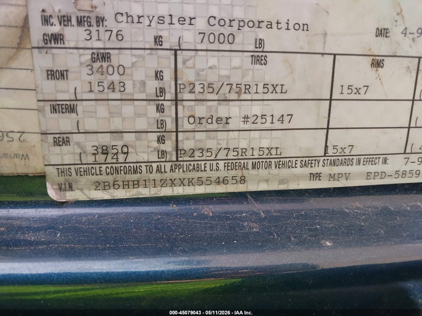 1999 Dodge Ram Van 1500 Commercial/Conversion VIN: 2B6HB11ZXXK554658 Lot: 45079043