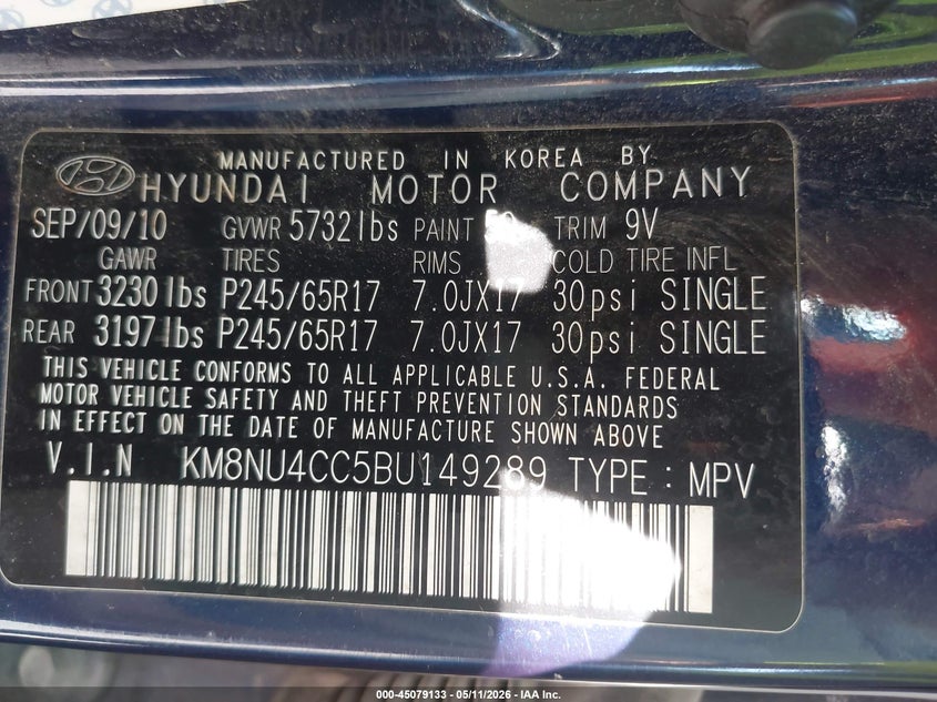 2011 Hyundai Veracruz Gls VIN: KM8NU4CC5BU149289 Lot: 45079133
