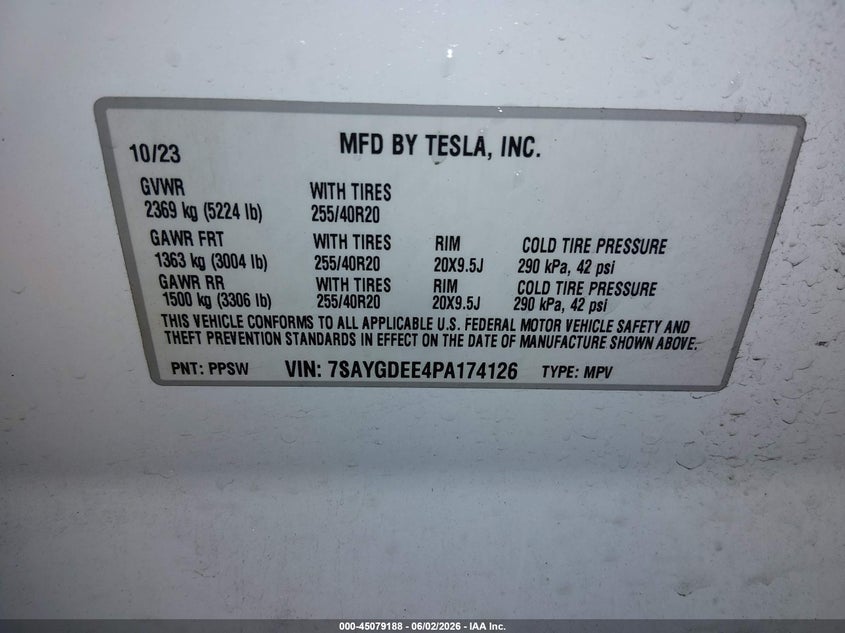2023 Tesla Model Y Awd/Long Range Dual Motor All-Wheel Drive VIN: 7SAYGDEE4PA174126 Lot: 45079188